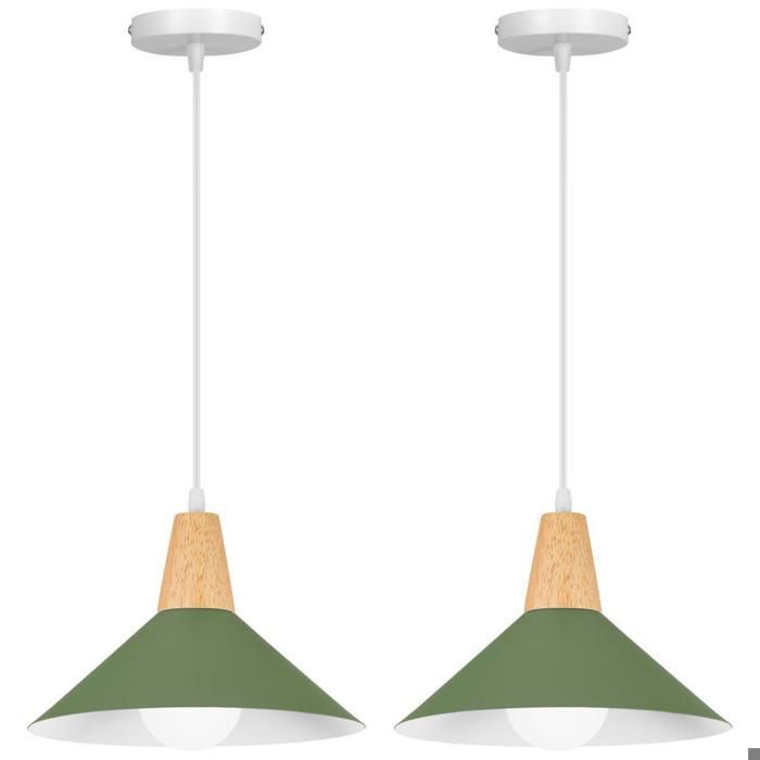 WOTTES Suspension en Bois et Métal - Vert foncé 2pcs Ø25cm - E27 - Design rétro Chapeau - Éclairage intérieur Lustre Cuisine