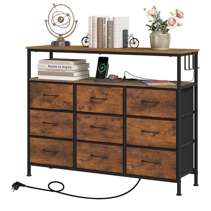 Commode 9 Tiroirs avec Multiprise - Léclairage LED 21 lumières réglables - 110x30x85cm - Marron Rustique+Noir Commode 9 Tiroirs avec Multiprise - Léclairage LED 21 lumières réglables - 110x30x85cm - Marron Rustique+Noir