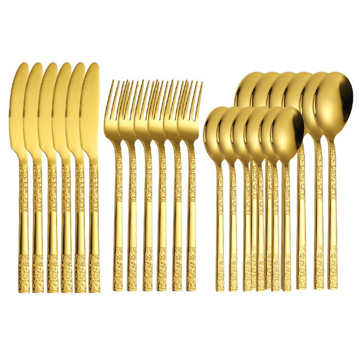 Set de couverts - HOME SAFETY - Ménagère 24 pièces (6 pers.) - Doré - Acier inoxydable - Motif sculpté
