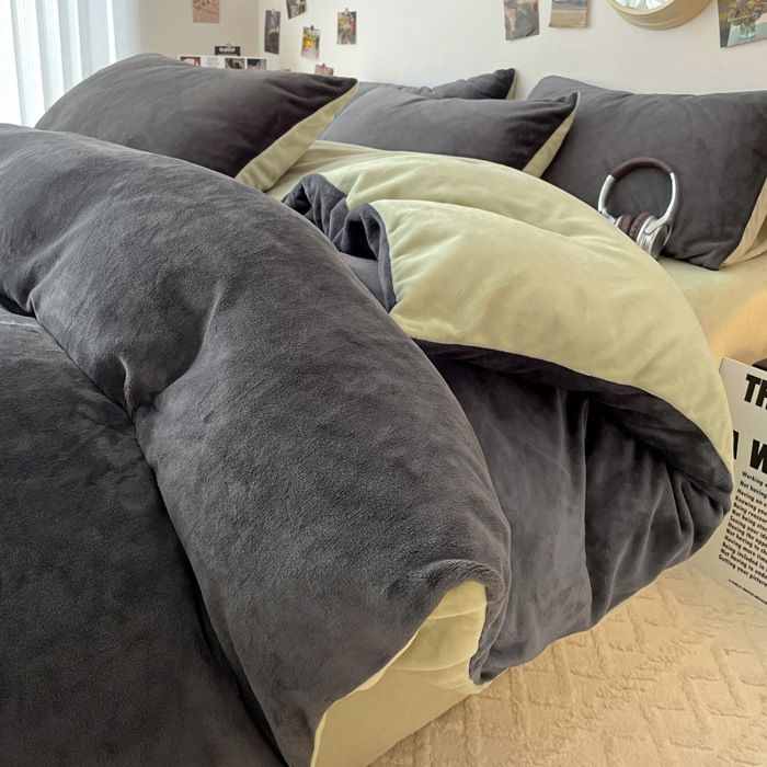 Housse de Couette Flanelle 220 x 240 cm Parure de Lit 4 Pcs en Velours Chaud Ultra Doux avec Fermeture Éclair Flanelle Bicolore B