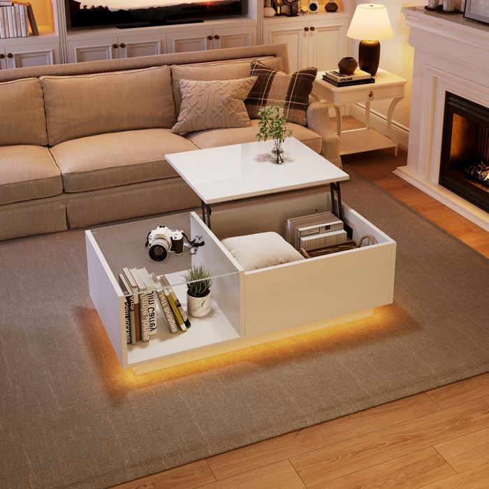 Table basse salon relevable 50x100x(33-465) cm avec LED Table de salon avec espace de rangement caché et étagère Blanc brillante