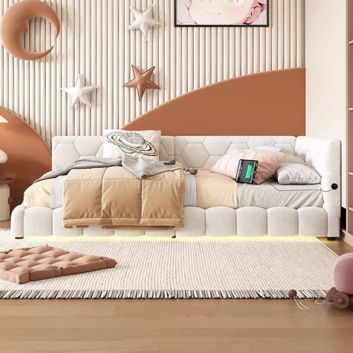 Canapé-Lit 90x200 cm Lit Rembourré Enfant - Lit simple - avec LED et USB et Type-C - Blanc