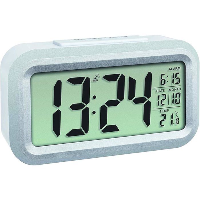 Réveil digital gris radio-piloté double alarme