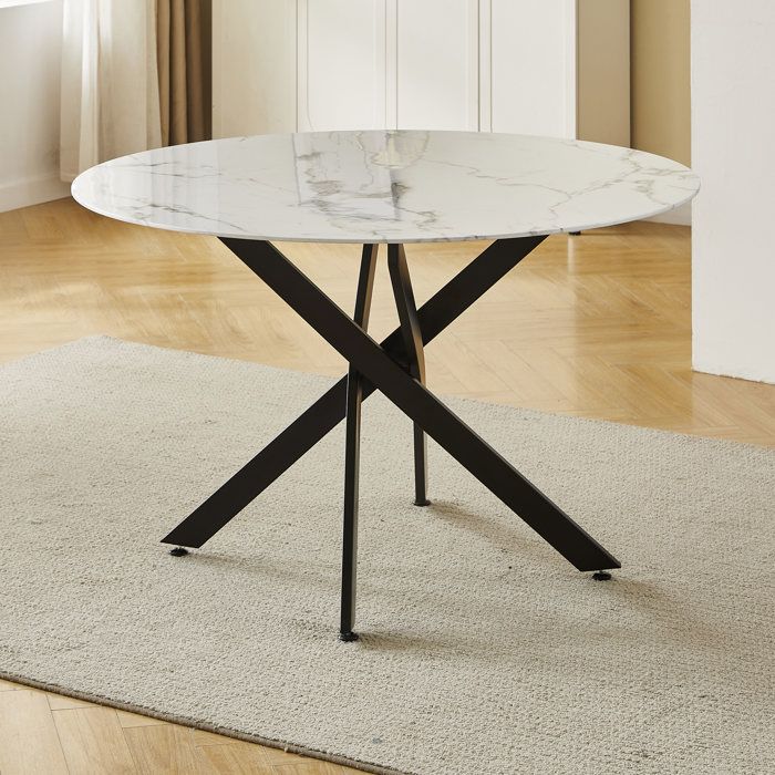 Table à manger ronde en verre trempé - Effet marbre blanc et métal noir – 4 personnes – CHIARA