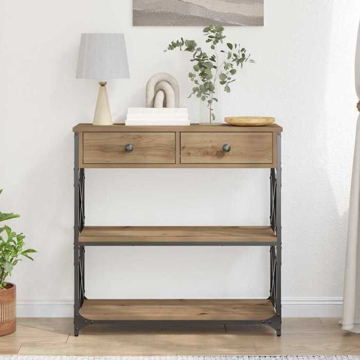 Table console avec tiroir - vidaXL - Chêne artisanal - 75x28x75 cm - Bois aggloméré et métal - Avec étagère