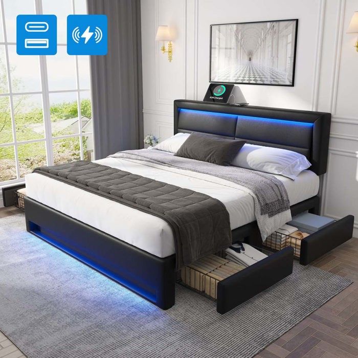 Lit coffre - Structure de lit double 140 x 190 cm - Ports USB-C et recharge sans fil - Éclairage LED 12 couleurs - 4 tiroirs
