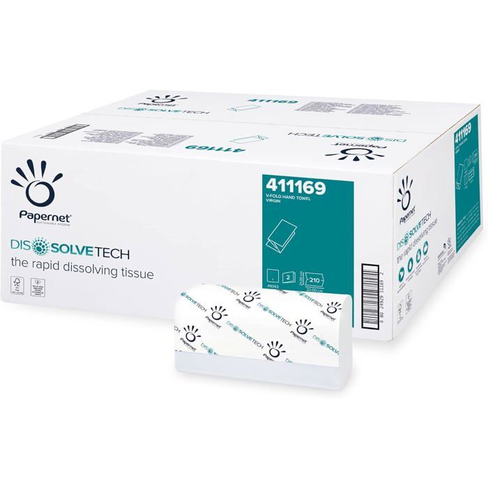 Essuie-mains Pliée en V Papernet Dissolve Tech 411169 - 3150 Serviettes Jetables 2 Plis