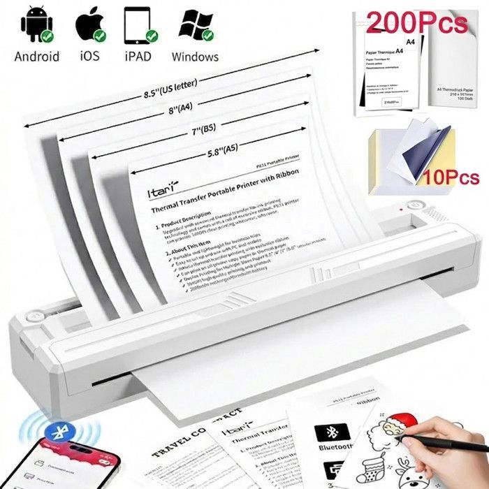 Imprimante Thermique avec Papier 200Pcs A4 Imprimante Bluetooth limpression sur papier pour tatouages Android/IOS/Ordinateur