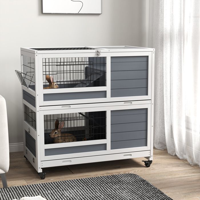 Clapier en bois dintérieur sur roulettes 2 niveaux 2 plateaux coulissants porte verrouillable 90L x 53l x 97H cm