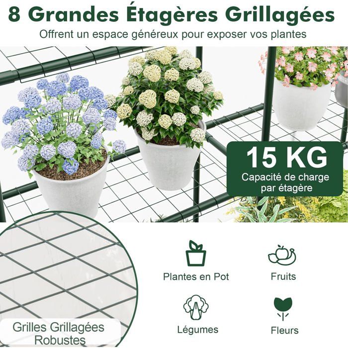GIANTEX Serre Mini Portable avec 4 Niveaux 8 Étagères Porte à Roulettes avec Fermeture éclair Film Imperméable