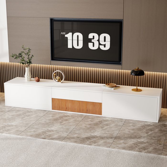 Meuble TV 180x34x30 cm avec support projecteur coulissant. portes et niches de rangement. panneau blanc