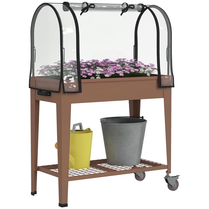 Jardinière surélevée - Outsunny - avec bâche transparente 2 roulettes et 1 étagère inférieure - 80 x 40 x 120 cm - marron