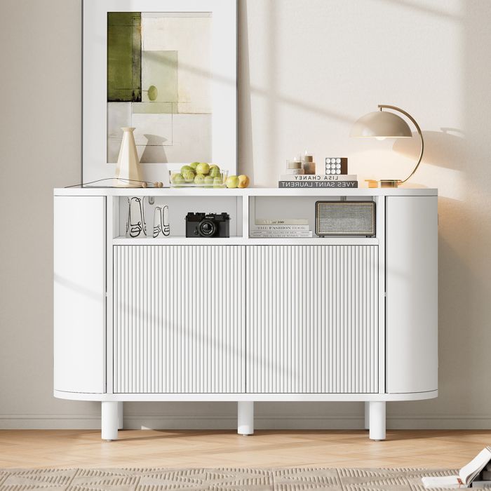 Buffet de Salon Blanc - Design Arrondi - 2 Portes avec Niche Ouverte - Console pour Entrée Salon Salle à Manger 120x38x77 cm