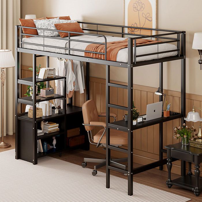 Lit Mezzanine 90x200 cm - Lit Surélevé Ado avec Bureau Fonctionnel et Rangement Ouvert - Métal Résistant - Sans Matelas - Noir