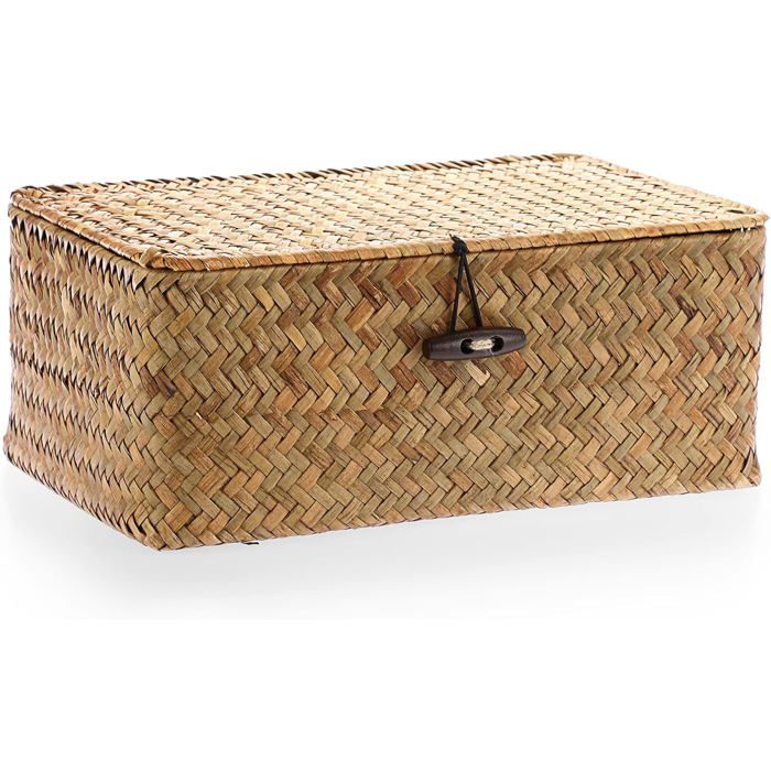 Panier de rangement en osier panier avec couvercle panier pour étagère boîte de rangement organisateur de table (caramel Label