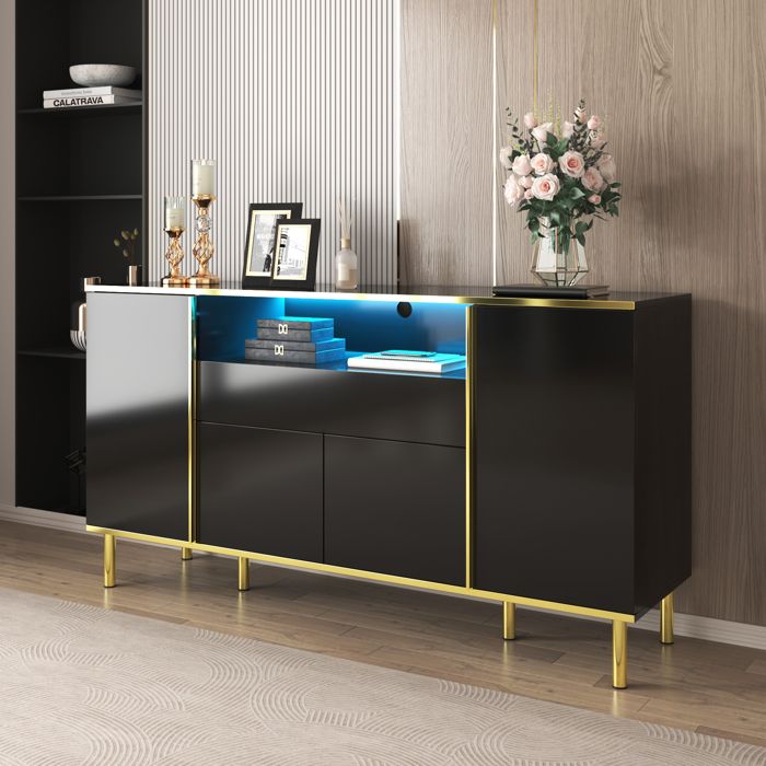 Buffet Moderne Noir Laqué Meuble de Rangement avec Tiroir et Éclairage LED MDF et Panneaux de Particules - 150x40x80 cm
