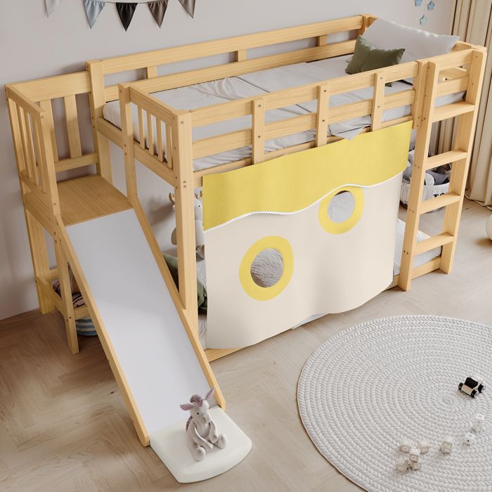 Lit mezzanine enfant 90×200 cm avec escalier toboggan et rideau - YEAVIO - sans matelas bois - naturel