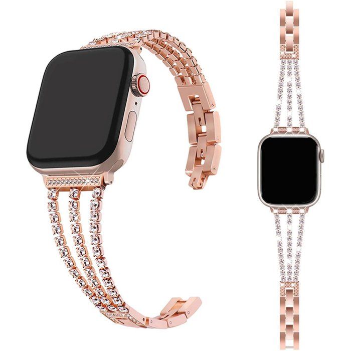 Stravo bracelet montre femme métal avec perles et strass élégant compatible Apple Watch 38/40/41/42 mm séries 1–11 Or rose