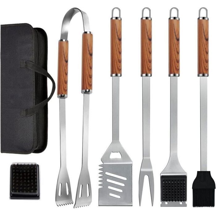 Ensemble dustensiles de barbecue 7 en 1 acier inoxydable extra épais avec sac de rangement ensemble complet dustensiles de bar