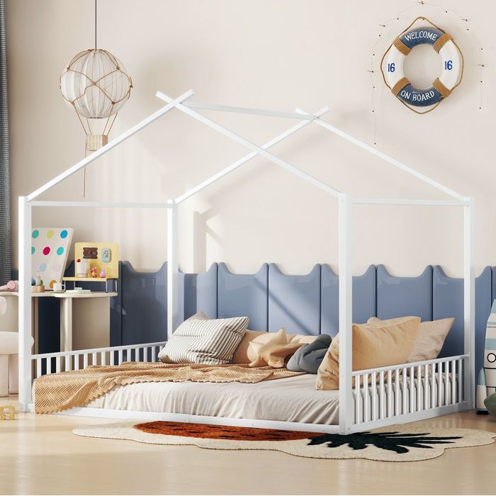 Lit cabane enfant 2 places 140×200 cm avec barrière - LPOSPI - sans matelas métal blanc hauteur 165 cm