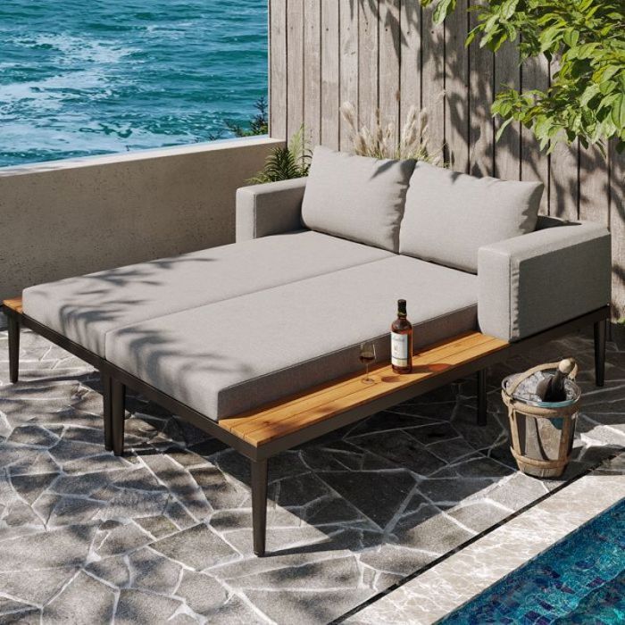 Canapé-lit extérieur multifonction – Lit de jour 150x140 cm avec étagères –Structure robuste en fer – Pour gris CHAISE LONGUE