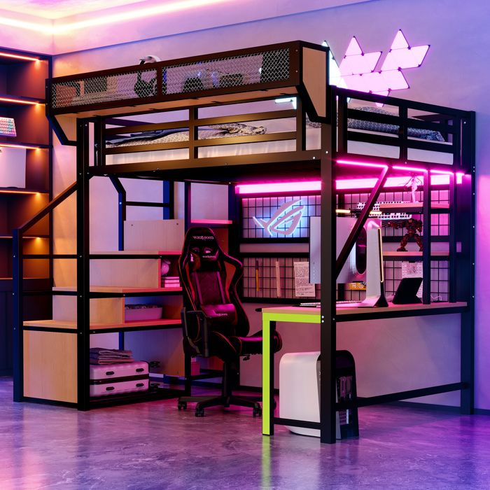 Lit mezzanine en métal 140 × 200 cm avec bureau et étagères - TCQPZ - LED intégrée prise intégrée - Noir