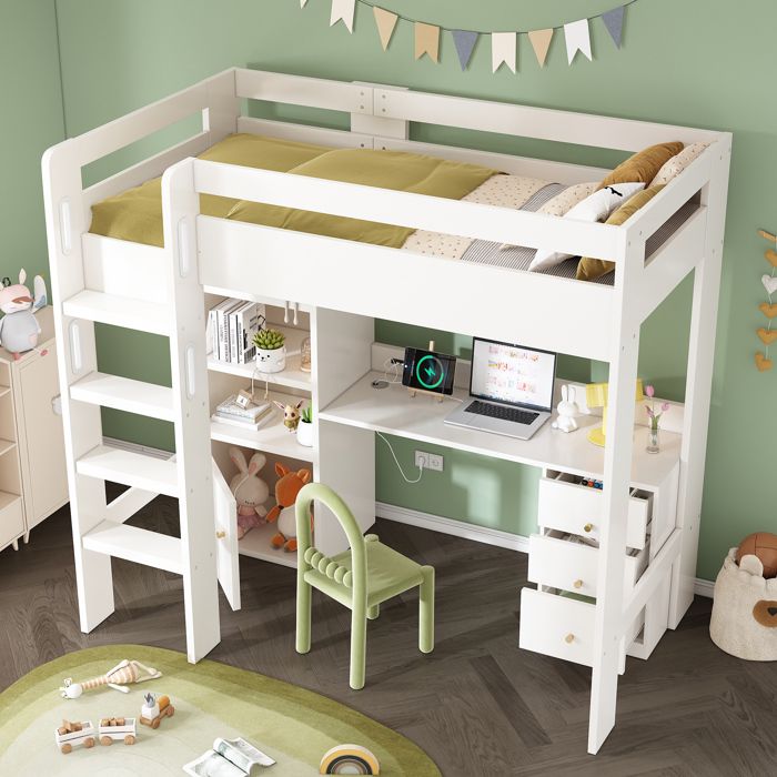 Lit mezzanine enfant 90×200 cm avec bureau USB-C rangements et escalier sans matelas blanc - UVRION