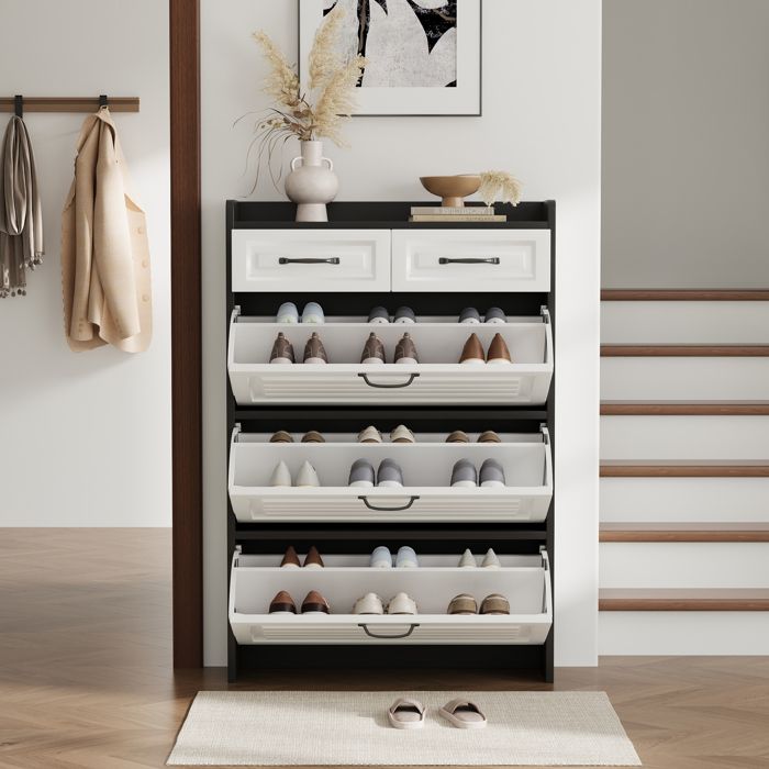 Commode à chaussures tournante 3 portes 2 tiroirs en bois rangement pratique pour entrée et salon