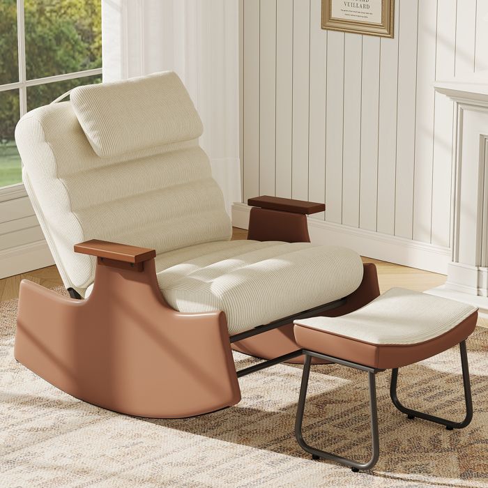 SORVAGLOS Fauteuil à Bascule-Rocking Chair avec appui-tête - repose-pieds-Scandinave -velours côtelé -Beige -61.5x51.5x81cm