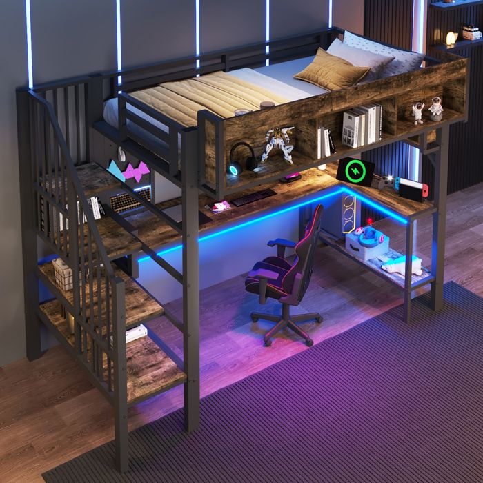 Lit mezzanine avec bureau - Dimensions 90x200 cm - Couleur Vintage brun-noir - Bureau dangle intégré