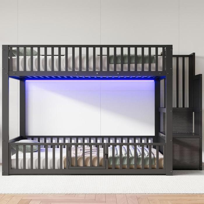 Lit superposé - KOMHTOM - 140x200 cm - LED intégrée - Rangement & tiroir - Métal noir Lit superposé - KOMHTOM - 140x200 cm - LED intégrée - Rangement & tiroir - Métal noir