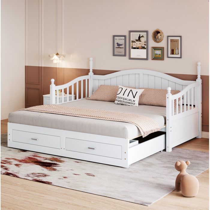 Lit Banquette Simple 90×190 cm extensible en 180×190 cm 2 Tiroirs et Dossier Courbé Sans Matelas Bois Blanc - UVRION