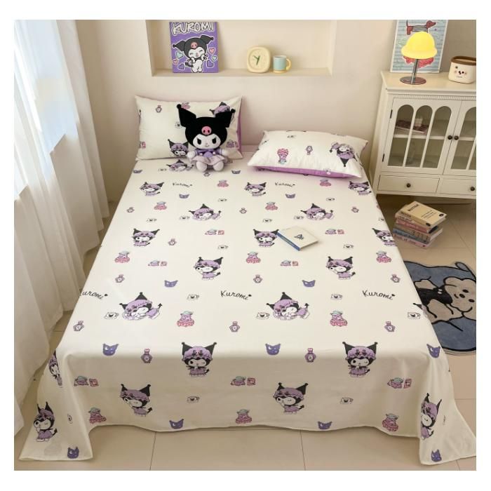 Parure lit 3 pièces Kuromi : drap plat 200×230cm + 2 taies d’oreiller 48×74cm linge de lit imprimé kawaii lavable en machine