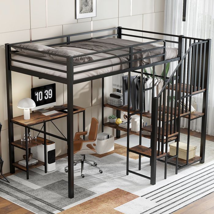 Lit mezzanine métal 120x200 avec bureau et armoire lit combiné ado noir et bois vintage escalier de rangement 208x173x160cm