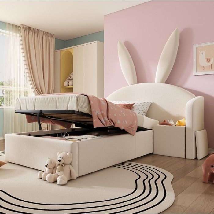 Lit enfant 90 x 190 cm beige en velours avec tête de lit oreilles de lapin coffre hydraulique et chevet