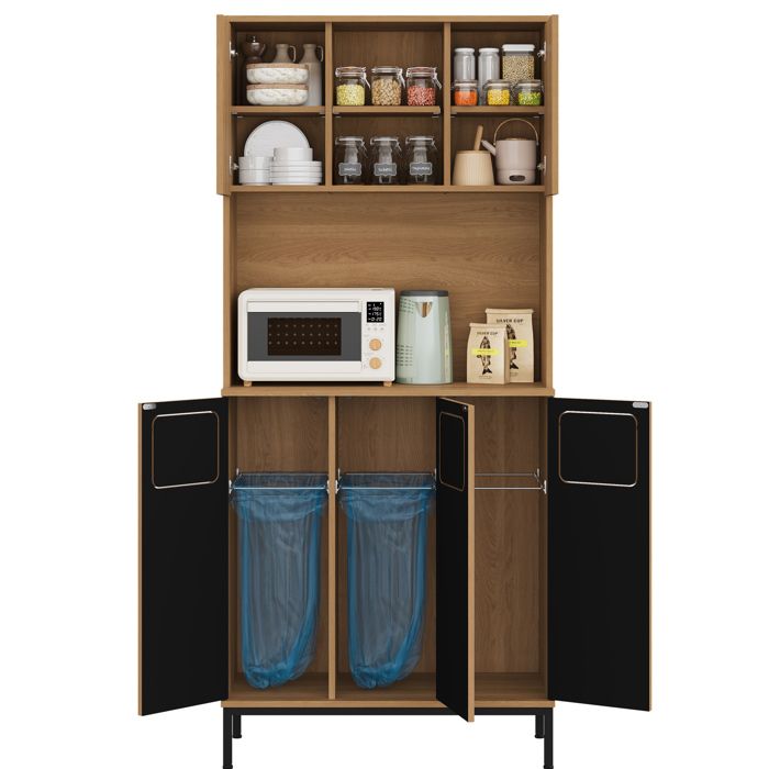 Colonne de cuisine 80 x 35 x 181 cm meuble poubelle 3 compartiments niche micro-ondes aspect chêne naturel