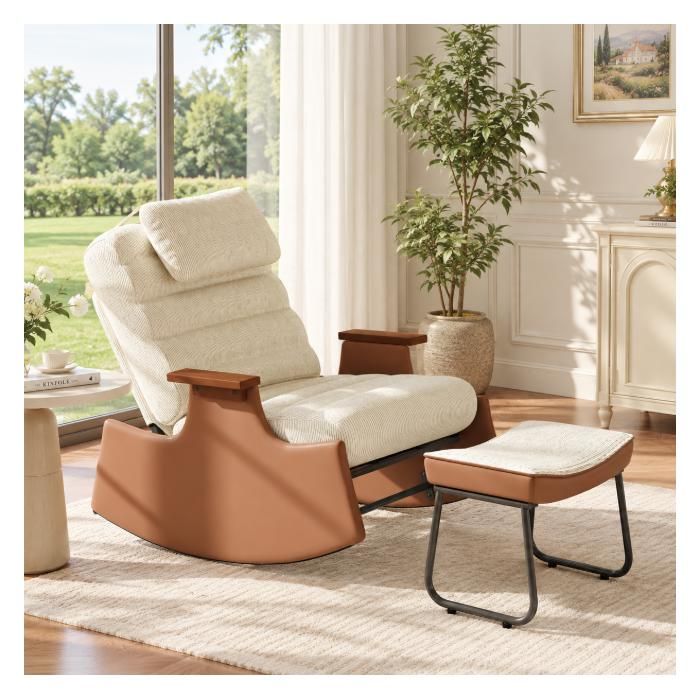 Fauteuil à Bascule avec Repose-Pieds Rocking Chair à Dossier Réglable et Appuie-Tête Fauteuil dAllaitement Velours Côtelé Beige