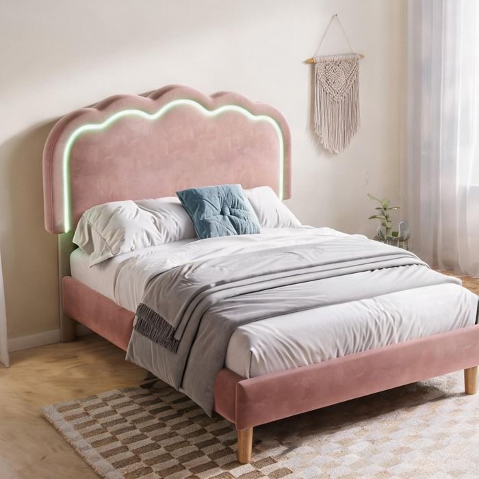 Lit une personne en velours warm pink avec LED sommier à lattes et tête de lit réglable 90x190 cm