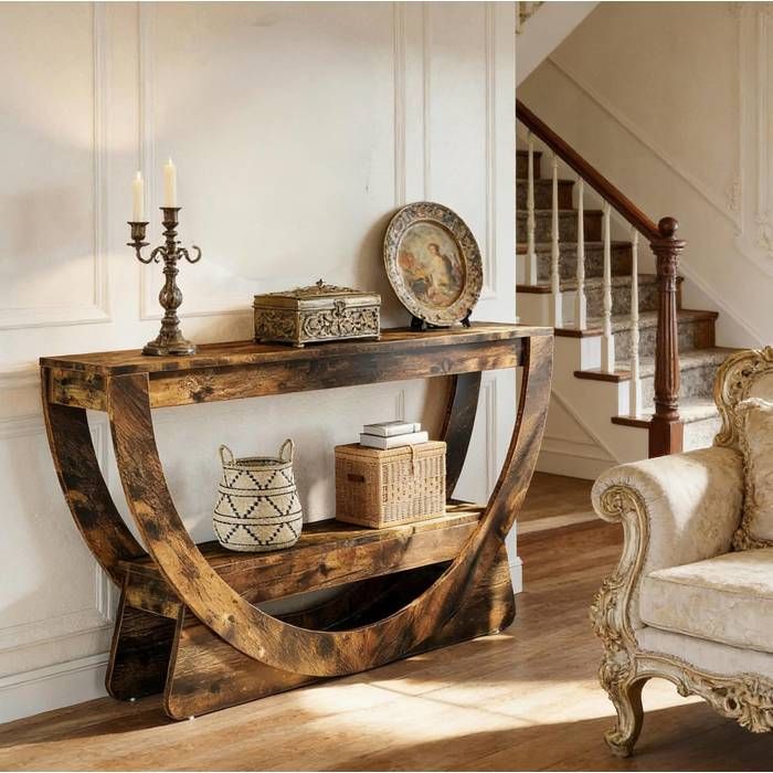 Meuble TV 2 étagères ouvertes et rangement courbe - ELVMI - style campagne MDF marron rustique 160×30×80 5 cm