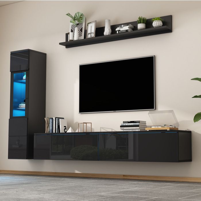 Ensemble Mural TV 3 Pieces Noir Meuble TV LED FloraGrace Pour Salon Sans Poignee Et LED RGB 180x33x130cm