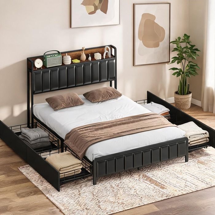 Style industriel rétro – Cadre de lit double 140x190 cm avec tête de lit rembourrée et 4 tiroirs noir mat