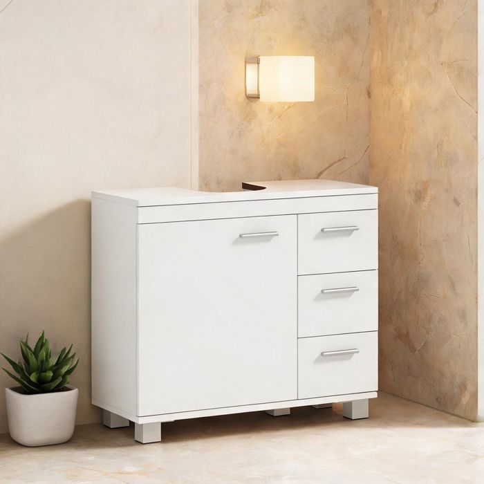 Meuble sous vasque en MDF blanc 3 tiroirs 1 porte à fermeture amortie 70x30x64 cm