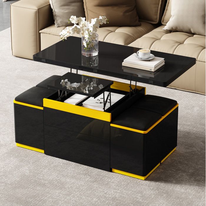 Table Basse Relevable En MDF Noir Et Jaune Table Basse Moderne FloraGrace Pour Salon Avec Rangement 100x50x43cm