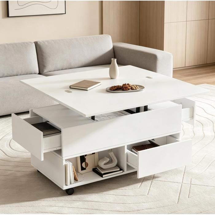 Table basse relevable blanche 100 x 50 x 52 cm avec 4 tiroirs roulettes et rangement