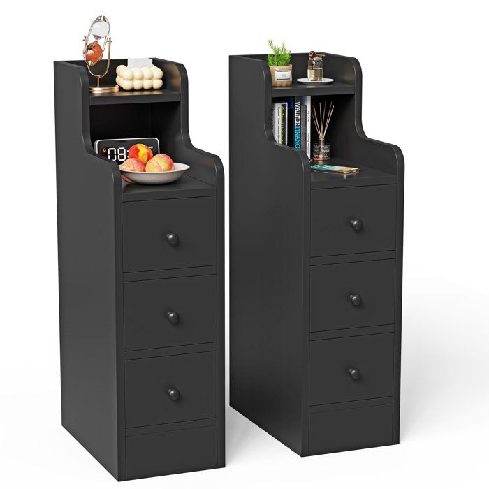 2pcs Table de Chevet Étroite à 5 niveaux pour chambre Noir Table de lit avec 3 tiroirs et niche ouverte 20x35x70cm table de nuit