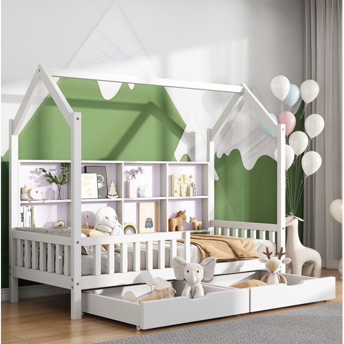 ELVORIN Lit cabane enfant 90 x 200 cm blanc étagère de rangement 2 grands tiroirs barrière de sécurité style scandinave