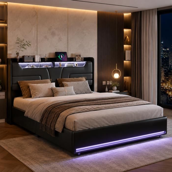 Cadre de lit 140x200 CM avec rangement hydraulique Lit coffre avec LED et USB LED d’ambiance Lit 2 Personnes avec sommierPU Noir