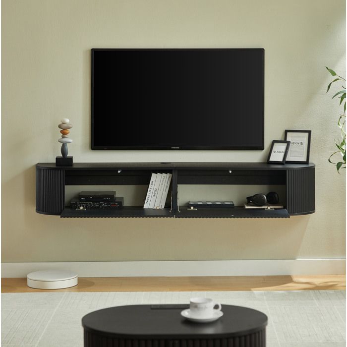 Meuble TV suspendu 180 cm noir avec passe-câbles grand rangement 2 portes façade rainurée JOINERY