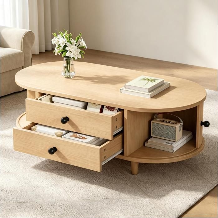 Table basse ovale bois clair 100x50x36 cm avec 2 tiroirs portes roulantes rangement MDF JOINERY