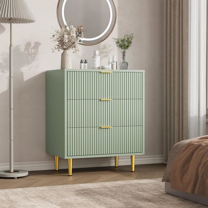 Commode de Chambre 3 Tiroirs à Façade Cannelée Table dAppoint Moderne en Bois avec Pieds Métal pour Salon et Entrée